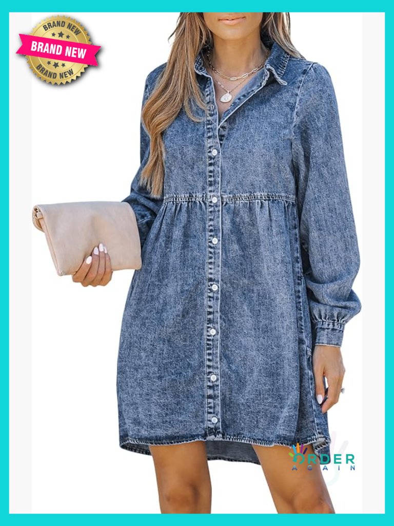 Long Sleeve Denim Dress Casual Babydoll Button Down Swing Hem Jean Dress